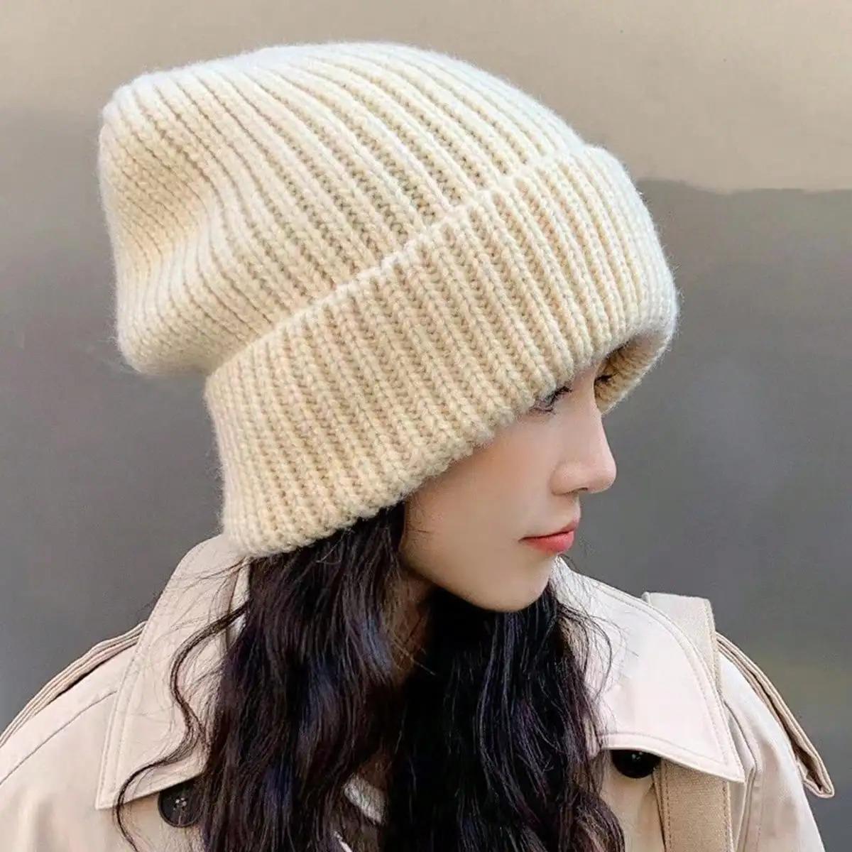 Women Style Solid Color Thick Knit Pile Hat, Knitted Hat for Fall and Winter, Warm and Ear Protection, Loose and Casual Cold Hat