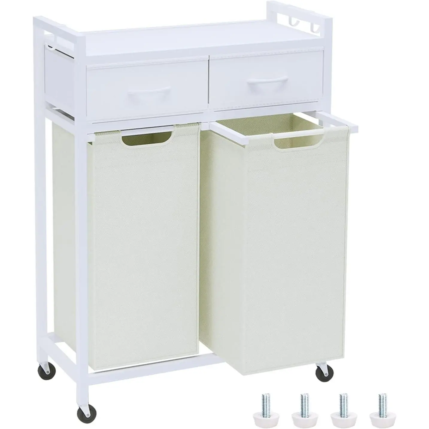 Laundry Hamper, Laundry Sorter 2 Section, Rolling Laundry Basket with Wheels, 2 Drawers, 2 × 14.5 Gal (55 L), Pull-Out and Removable Oxford Fabric Bags, White and Beige