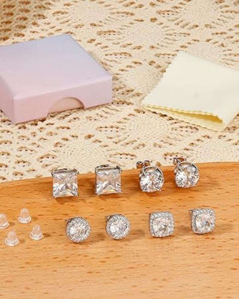 Milacolato Cubic Zirconia Earrings Studs for Women & Men - Hypoallergenic Sterling Silver with Simulated Halo Design - 2/4 Pairs of Earrings Springtok