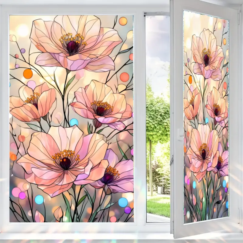 2D Flat Static Cling Pink Poppy Flowers Window Film Decoration Sticker Ornament For Living Room And Bedroom Removable Flower Window Clings