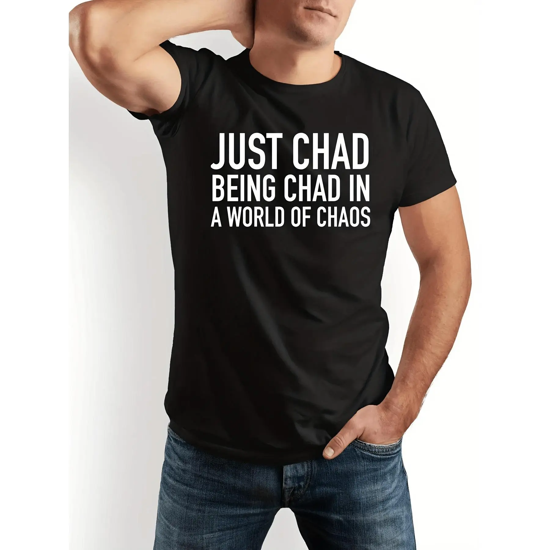 Men's Just Chad Being Chad Graphic T-Shirt, Casual 100% Cotton Round Neck Tee, Soft Comfortable Streetwear Top for Daily Wear, Herringbone