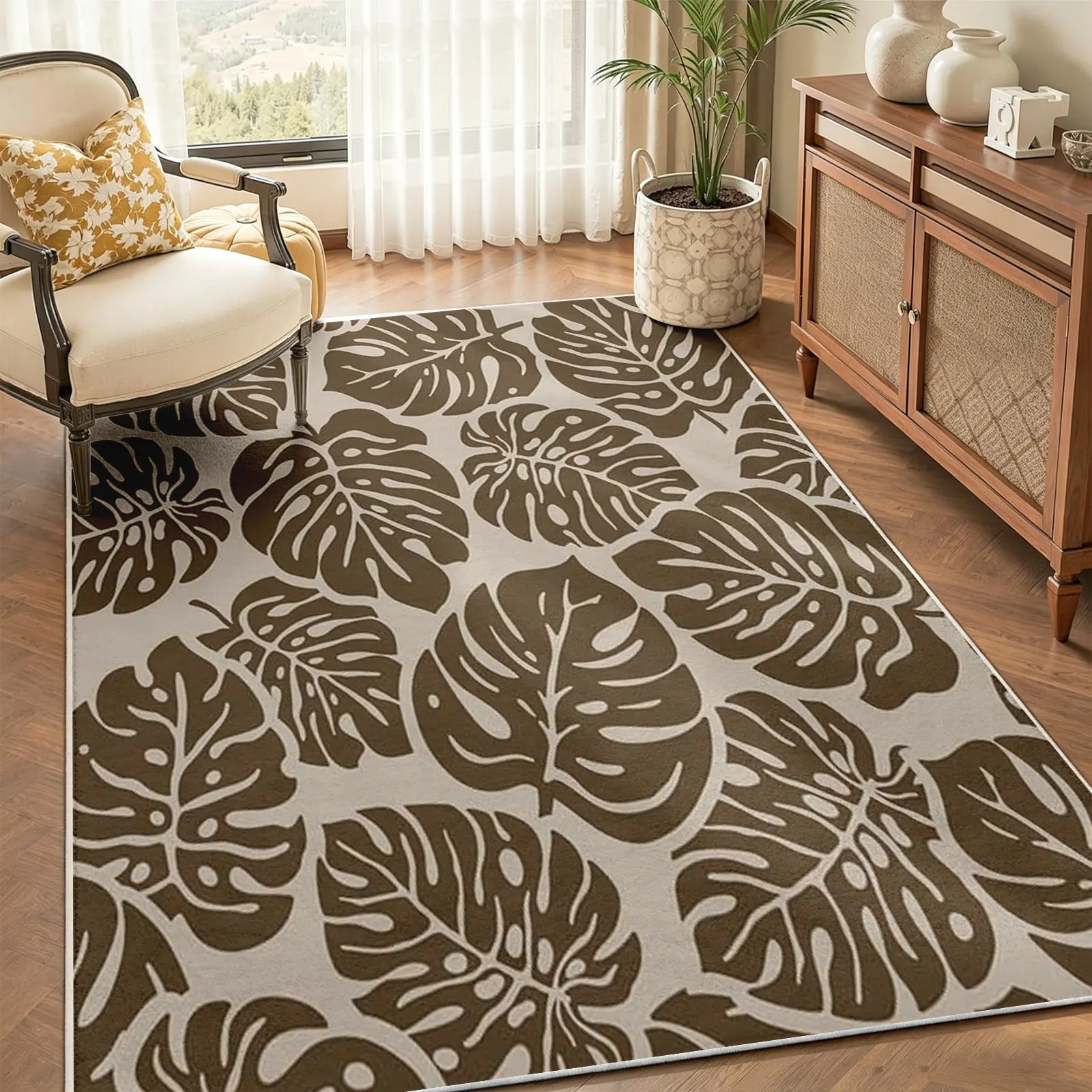 Modern Botanical Print Area Rug, Cream Brown Monstera Leaf Carpet, Soft Non-Slip Machine Washable Stain-Resistant Low-Pile Floor Covering, Aesthetic Decor for Living Room Home Office Indoor Rooms (Multi-Size Options)