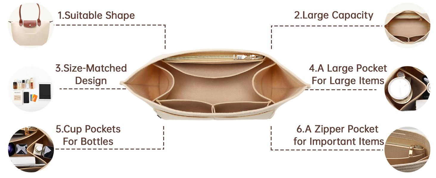 Purse Organizer Insert for Longchamp Le Pliage, Premium Felt Long Champ Bag Handbag Women, Tote Organizer Insert with 9 Compartments (Large, Pink)