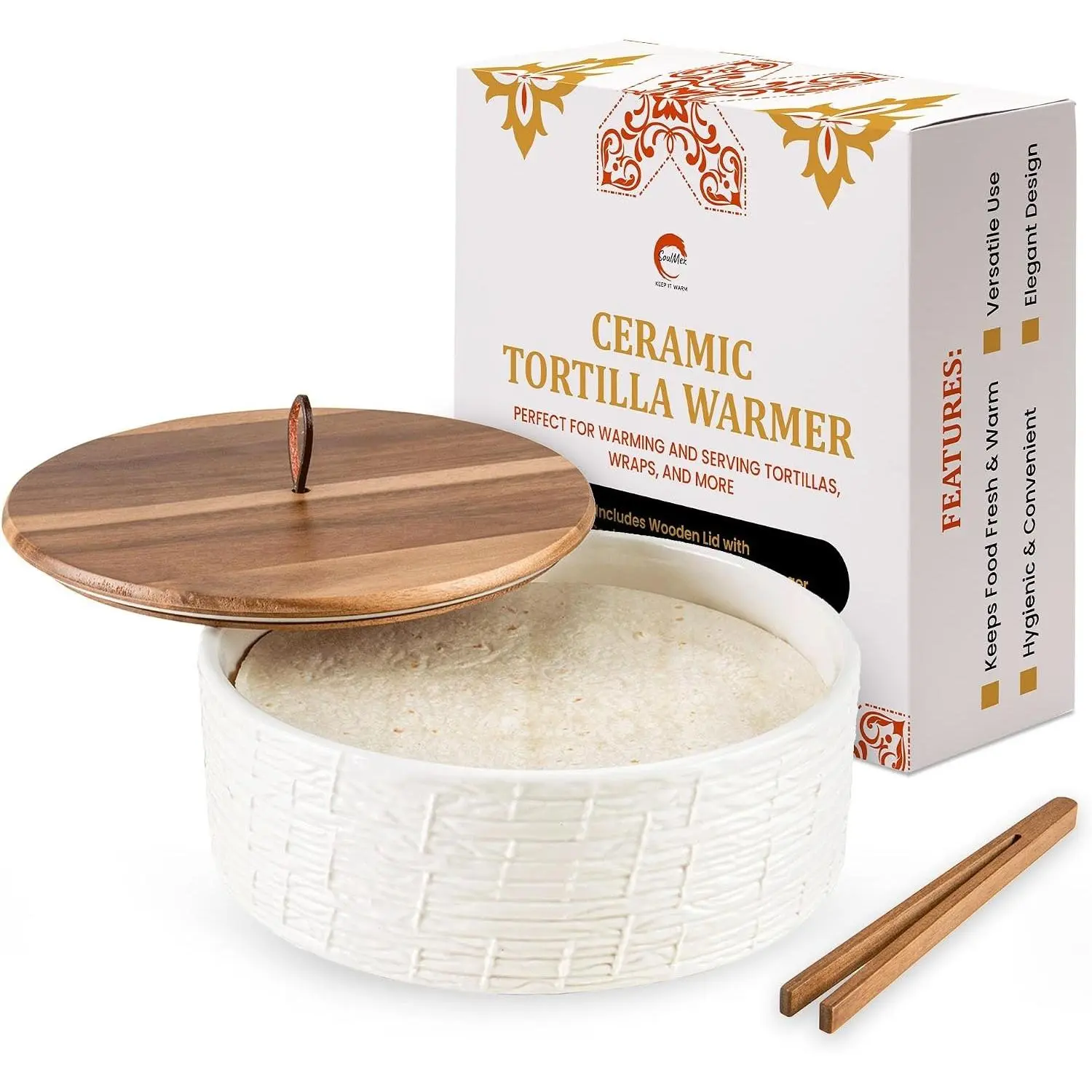 8.8 Inch Ceramic Tortilla Warmer with Airtight Wooden Lid Insulated Large Tortilla Container for Tortillas Pancakes Roti Bread