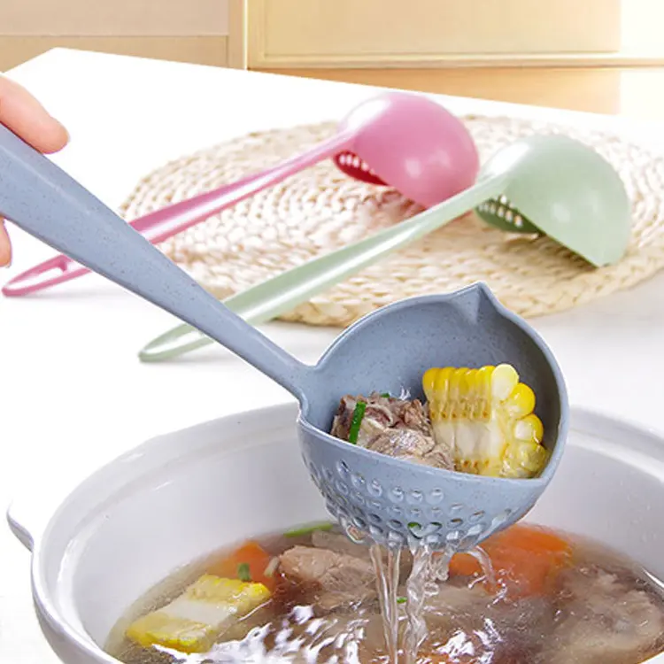 2 in 1 Soup Ladle Skimmer Spoon, Wheat Straw Long Handle Cooking Scoop, Dual Use Soup Spoon & Strainer for Hot Pot, Ramen, Home Kitchen Cooking Gadget