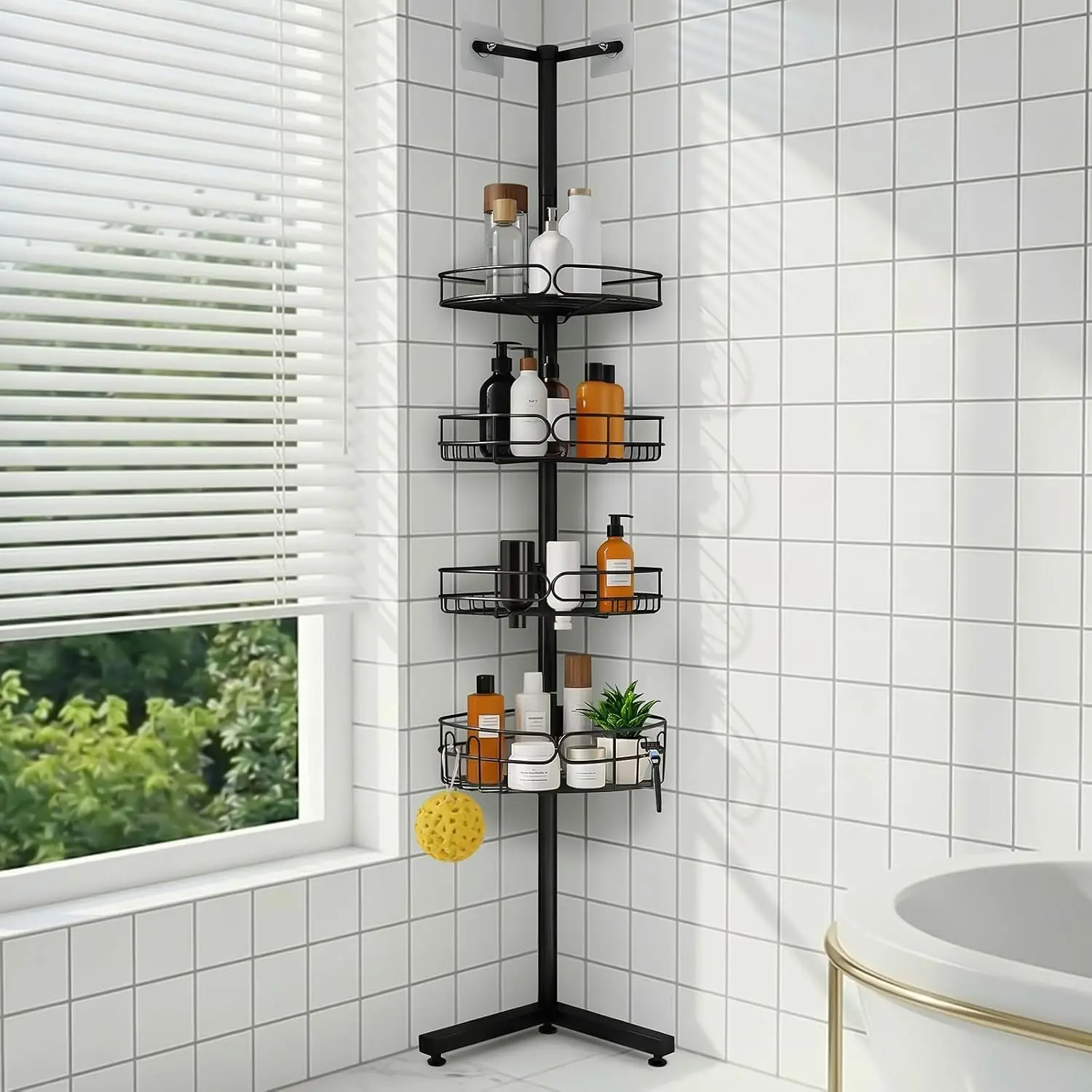 Standing Shower Caddy Corner, 4-Tier Adjustable Height Bathroom Organizer, 6-Section Pole, Sturdy Floor Standing Shelf for Shower – No Drilling, No Spring Tension