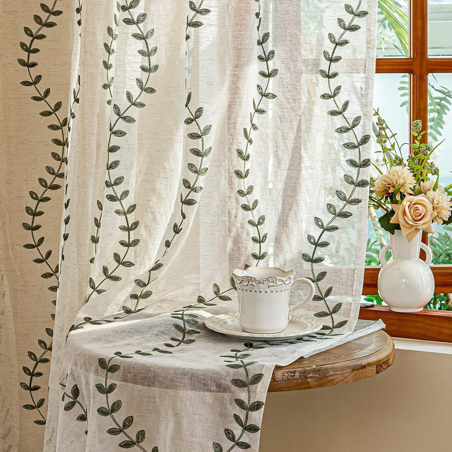 Sage Green Floral Embroidered Semi Sheer Linen Curtains 2 Panels, Farmhouse Voile Window Treatment for Living Room Bedroom, 52 x 84 InchGift