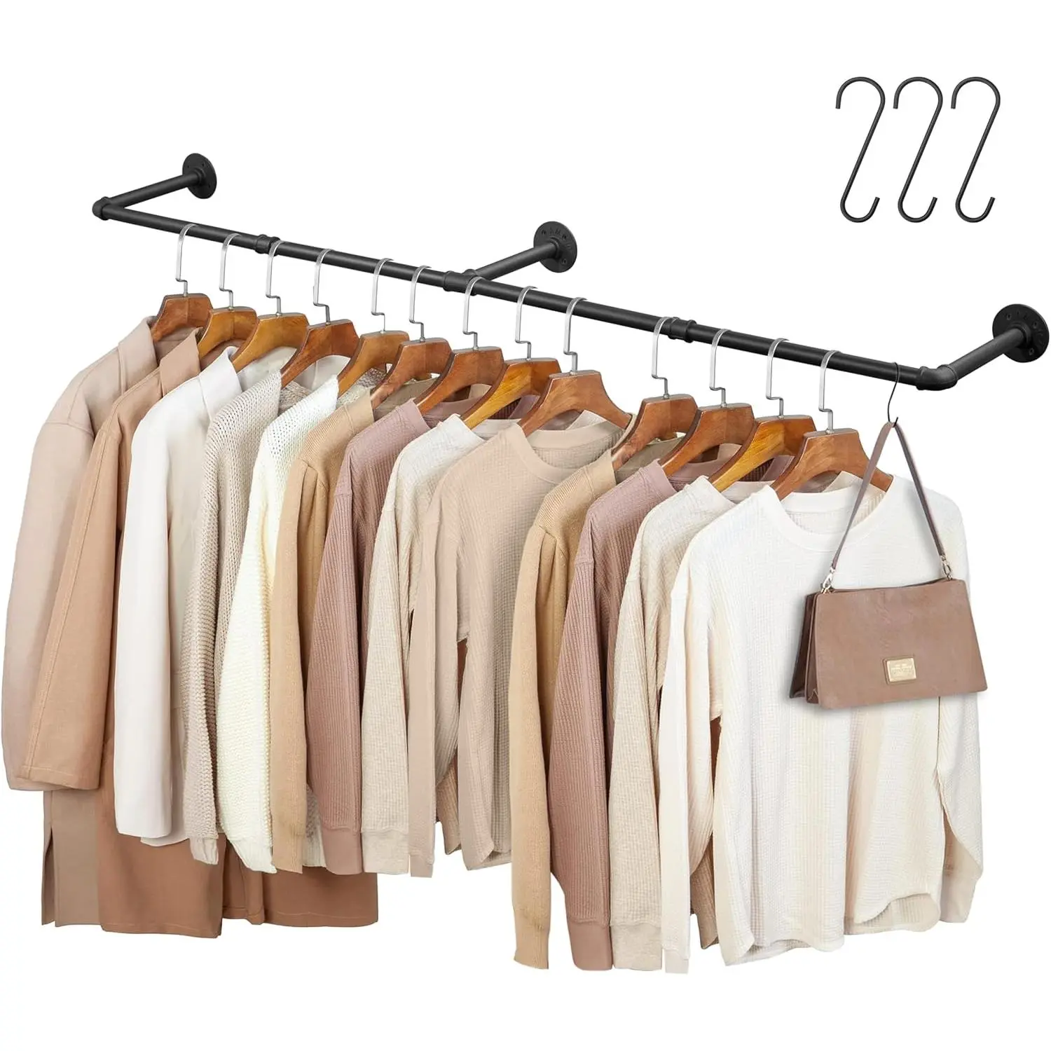66.1" Industrial Pipe Clothing Rack, Wall Mounted Clothes Rack for Hanging Clothes, Detachable Space-Saving Heavy Duty Iron Garment Rail for Closet Storage 3 Base, Black