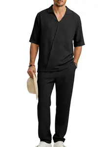 Men's Linen 2 Piece Outfit, Short Sleeve Cuban Collar Shirt and Relaxed Fit Trousers, Lightweight Casual Menswear Set for Daily & Street Style