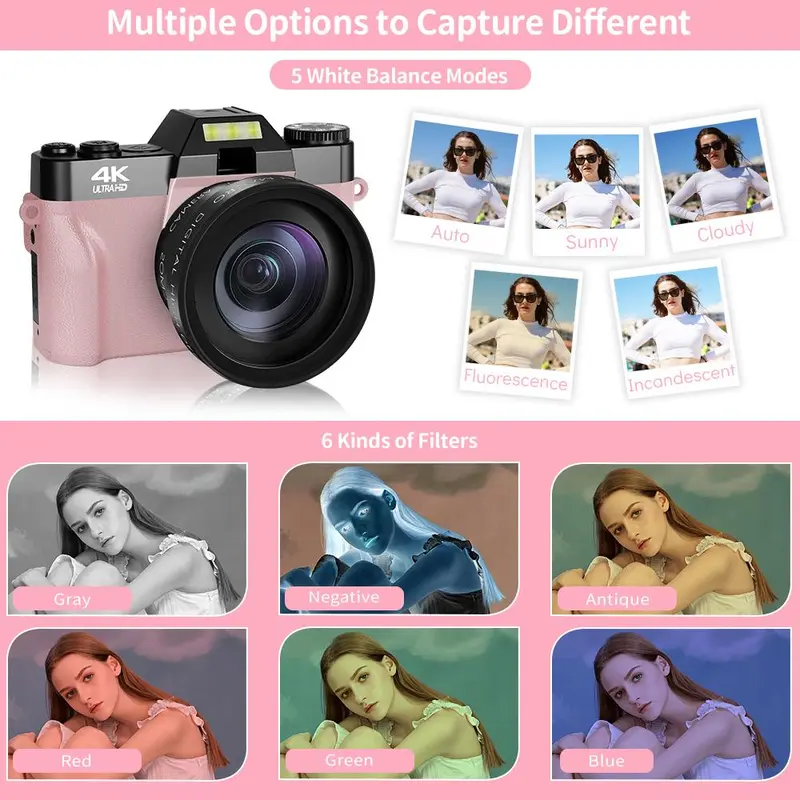 Product Introduction of GLOBAL PICK 4K Digital Camera with 180° Flip Screen, 16X Digital Zoom Vlogging Camera, Autofocus Camera, Including Wide Angle & Macro Lens, 32GB TF Card, Ideal Gift Choice, Photographic Kit 155