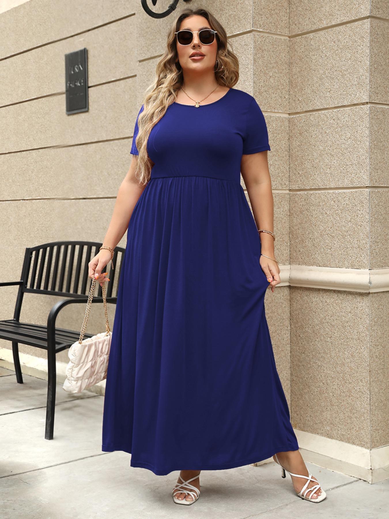 Women's Round Neck Stretchy Casual Long Plus Size Dress, Perfect for Bridesmaids, Vintage Style Wedding & Party Wear, Comfortable Fabric