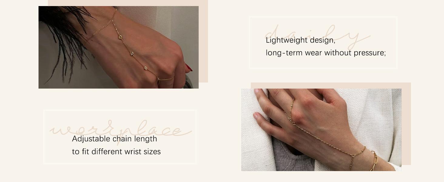 Hand Chain 18K Gold Plated Stainless Steel Non Tarnish Link with Finger Ring Bracelet Stacks Christmas Gifts Waterproof Jewelry Handchain Slave Bracelets for Women