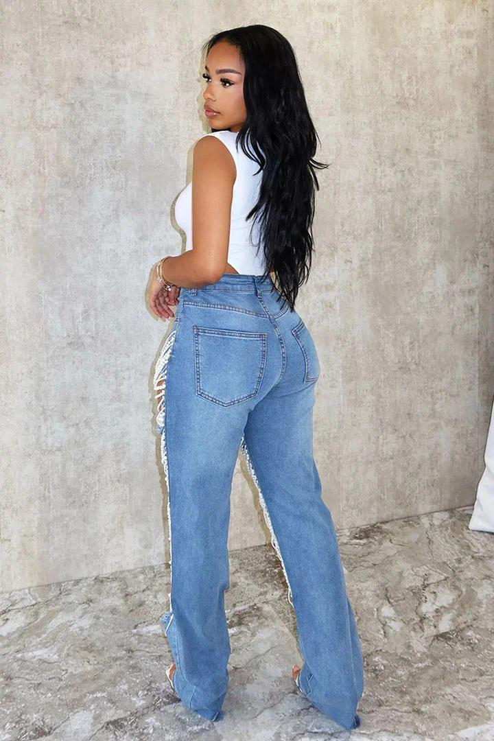 Women Fashion Pearl Beading Ripped Hollow Out Tassel Wide Leg Jeans 2024 New Summer Street Denim Pants