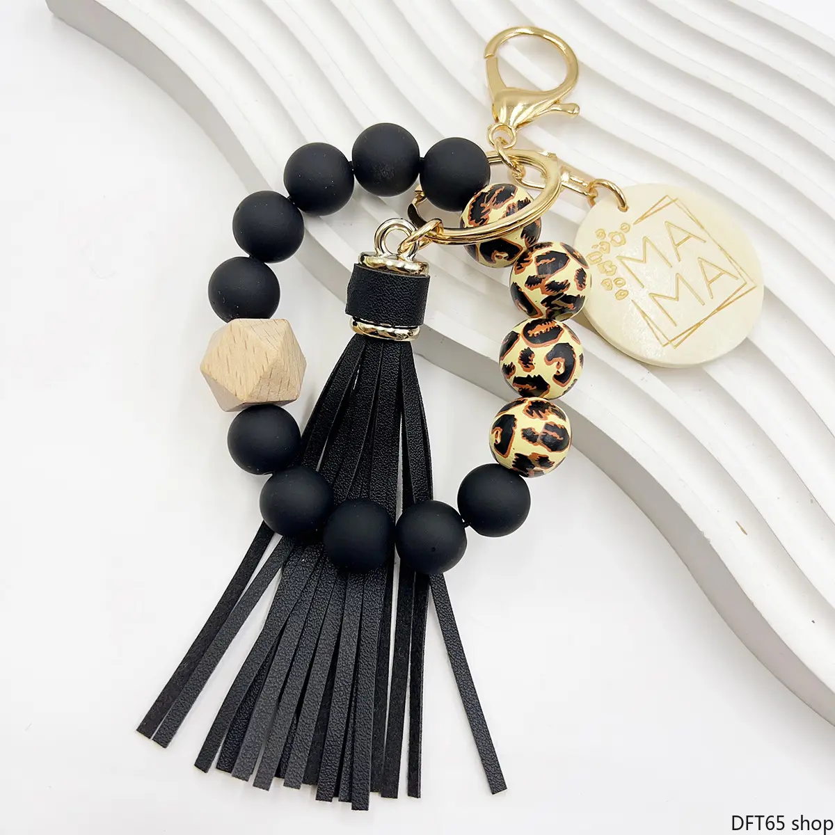 Beaded Wristlet Keychain for Women, Synthetic Silicone & Wood Bead Lanyard with Tassel, Lightweight Key Ring for Car Keys and Handbag Charm, Synthetics, Decorative, Wrist Lanyard, Natural Wood