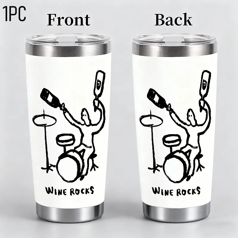 Wine Rocks Drummer Sketch Print 20oz Stainless Steel Tumbler, Minimal Printed Design Double Wall Vacuum Insulated, Fit Car Cup Holder, Keep Hot Cold Drinks, Hold Coffee Tea Ice Water, For Car Office Home Use, Gift For Family Friends Colleagues