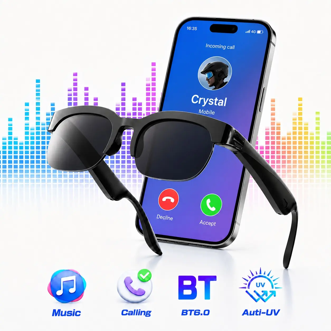 Smart Glasses with Open-Ear Sound, Bluetooth Sunglasses for Men Women, Wireless Music, Hands-Free Calls, Voice Assistant, Multifunctional Smart Glasses, Smart Audio Glasses for Driving Running Cycling