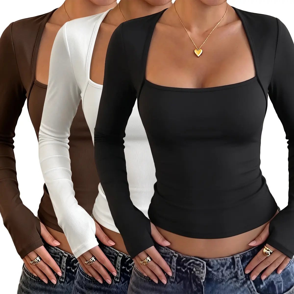 ASANDY Women's 3-Pack Long Sleeve Tops, Fitted Scoop Neck Ribbed Shirts, Soft Stretchy Basic Tees for Women, Cute Everyday Layering Tops for Casual Outfits, Going Out & Y2K Style