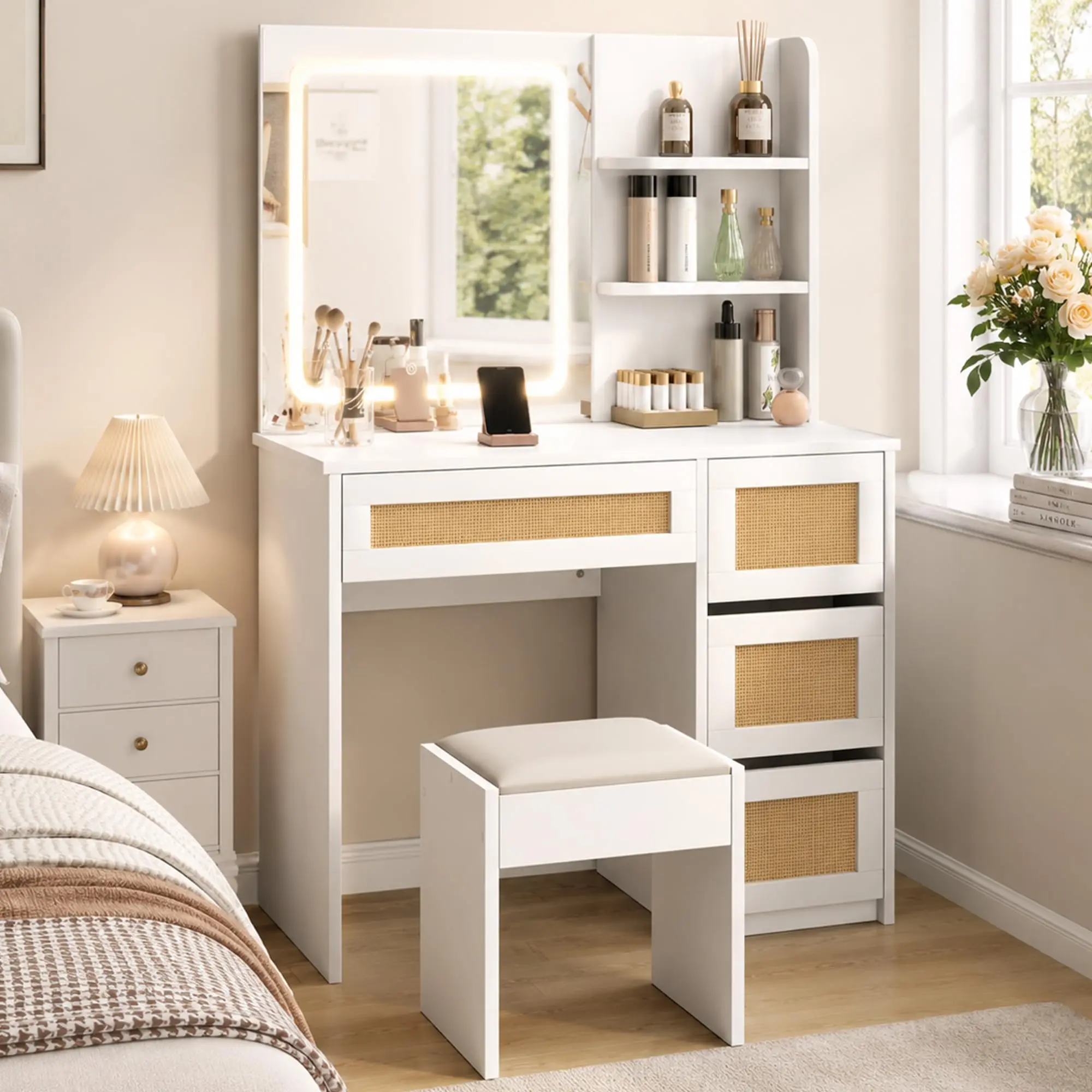 Rattan Makeup Vanity Desk with Mirror and Lights, Boho Dressing Table Set with 4 Drawers, Open Shelves and Cushioned Stool for Bedroom