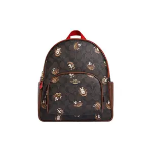 COACH Court 27 Hedgehog Print Backpack for Women – Signature Coated Canvas and Pebbled Leather, Brown and Black