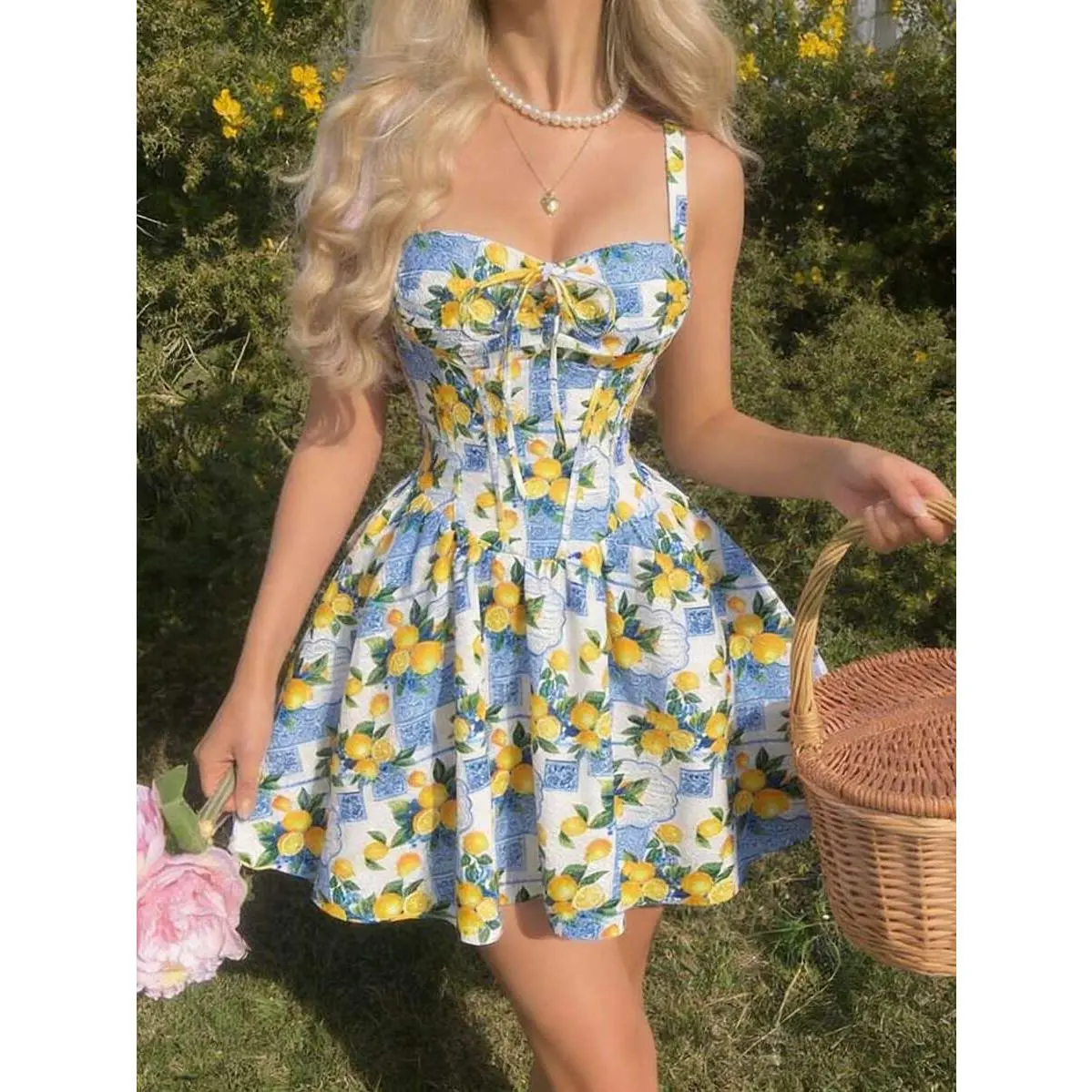 White And Blue Floral,Summer,Casual,Holiday,Party,,Holiday,Yellow Lemon Print Dress,Sleeveless Square Neck With Tie,Flared Skirt Easter Outfits