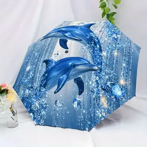 Blue Dolphin Pattern Automatic Folding Umbrella, Lightweight Compact Travel Umbrella, 8-Rib Sturdy Frame, Unisex, Portable Outdoor Accessory