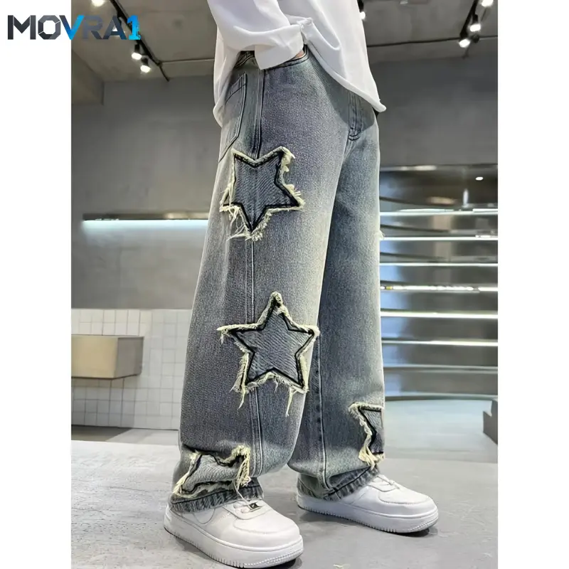 MOVRA1 Boys' Casual Jeans with Star Pattern - Polyester Material, Non-Stretch, Machine Washable, Light Blue, Wide-Leg Style