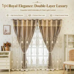 1 piece of 【Double-layer Embroidered Curtain】 with the outer layer being a 100% light-blocking curtain in coffee color, the inner layer being a sheer curtain, featuring an embroidered valance with white European pattern embroidery and French floral embroi