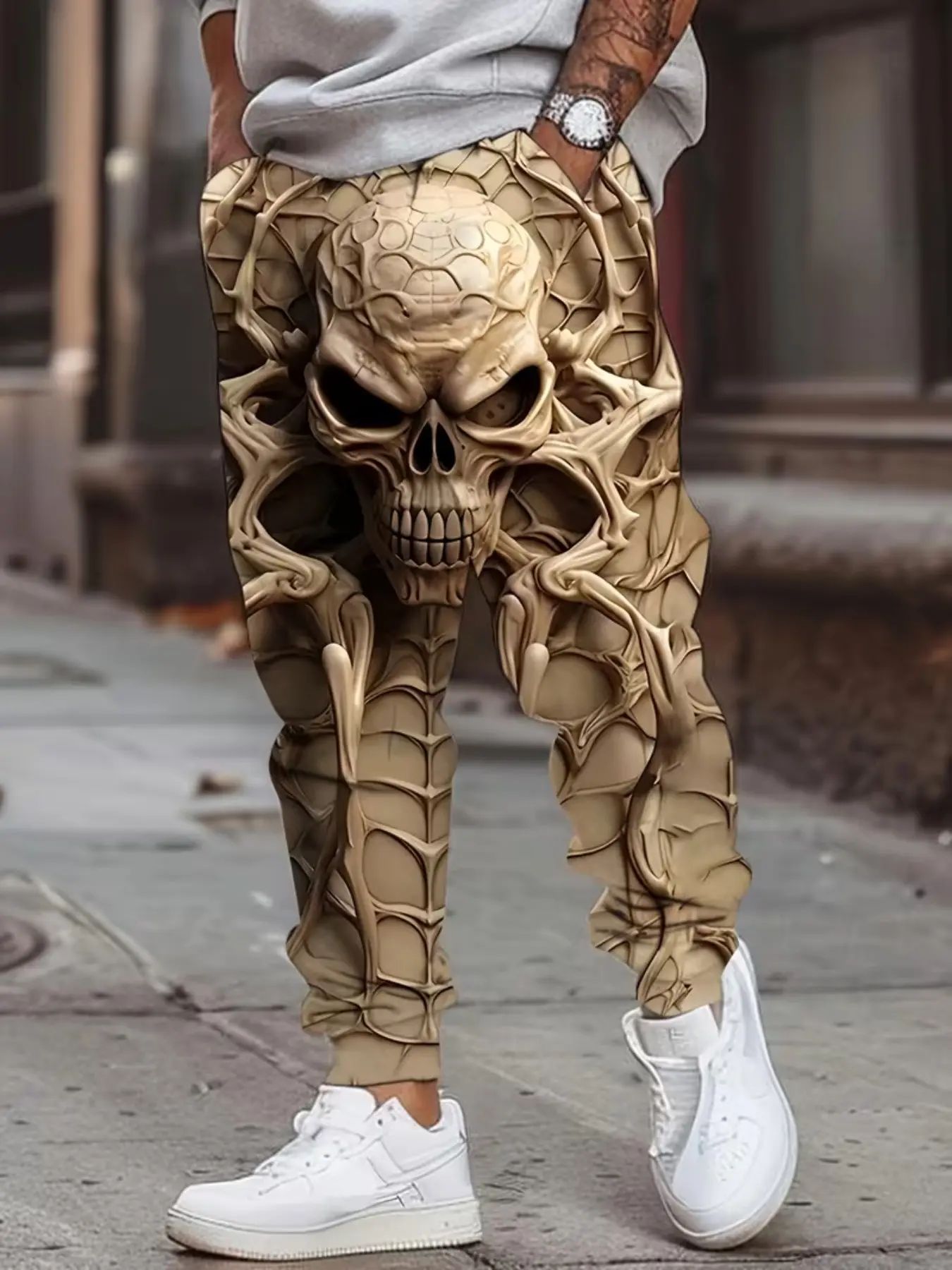 Halloween Men's Drawstring Sweatpants, 3D Skull Texture Party Pants, Gothic Halloween Bottoms, Casual Loose-Fitting All-Over Print