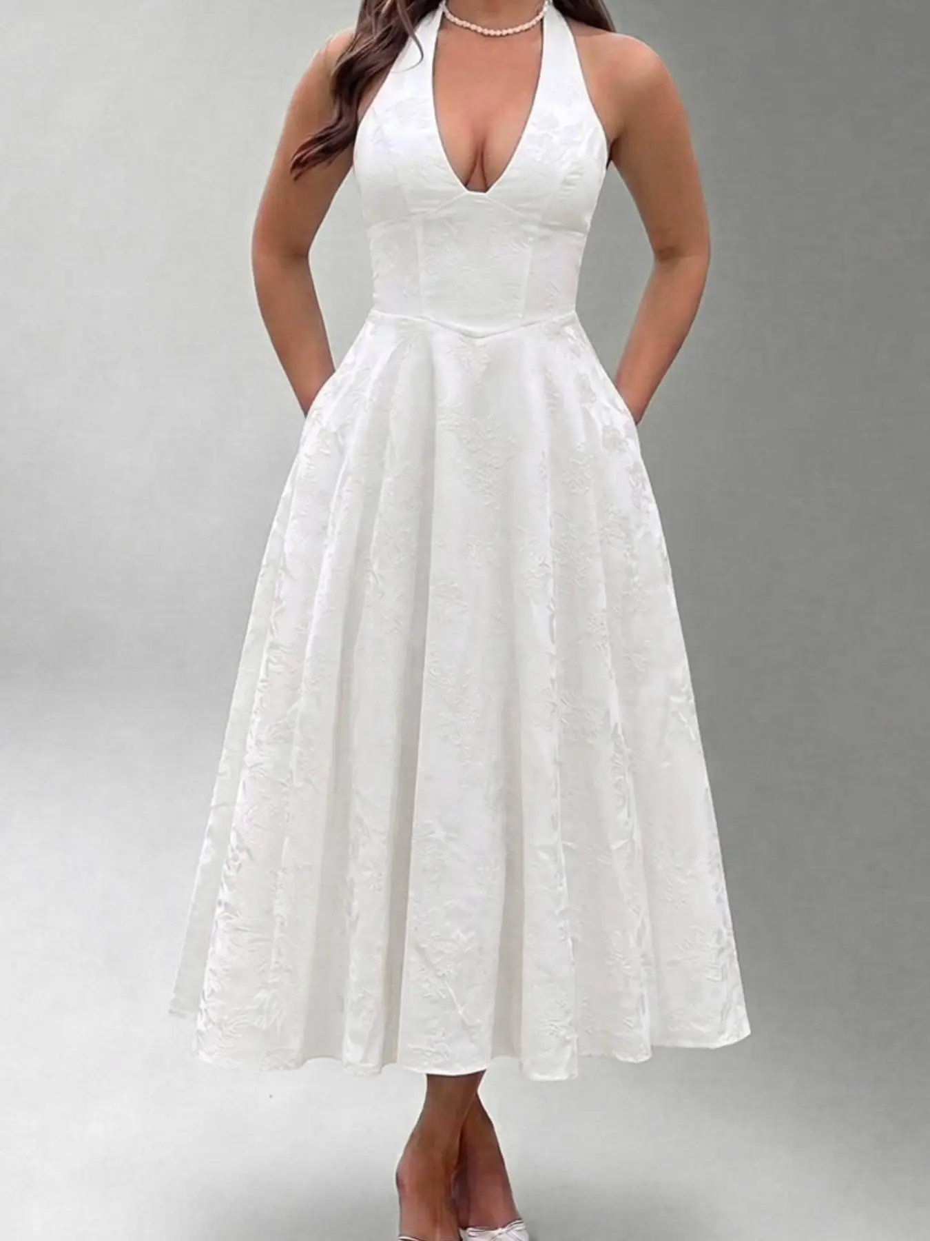 French Elegant Embroidered Halter Backless Sleeveless Corset Waist-Cinch Flared Midi Dress for Women, Perfect for Luxury Dinners, Outdoor Weddings, Romantic Dates