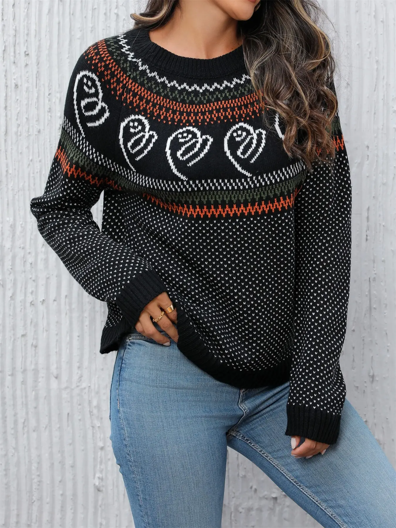 Women's Halloween Retro Ghost Round Neck Knit Sweater, Casual Long Sleeve Pullover for Fall Winter, Comfortable and Stylish