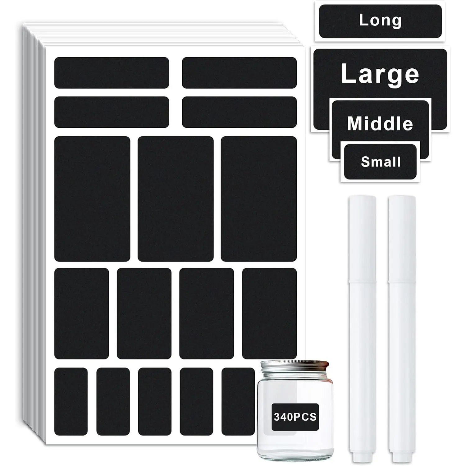 340 count Removable Chalkboard Labels, 4 Sizes, Erasable  Labels for Storage Bins, Pantry Label Stickers for Containers, 2 Liquid Chalk Pens Included