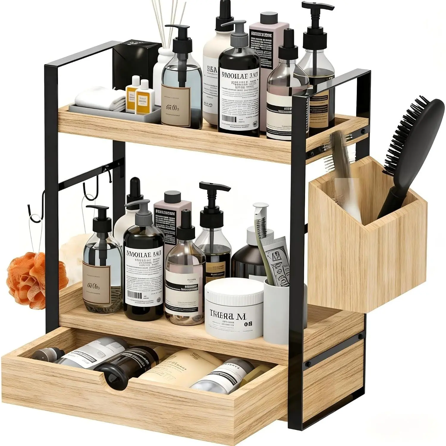 2-Tired Bathroom Counter Organizers and Storage, Bathroom Countertop Organizer with Drawer, Solid  Skincare Perfume Organizer for  Kitchen Corner Shelf Office Countertop (Light Brown)