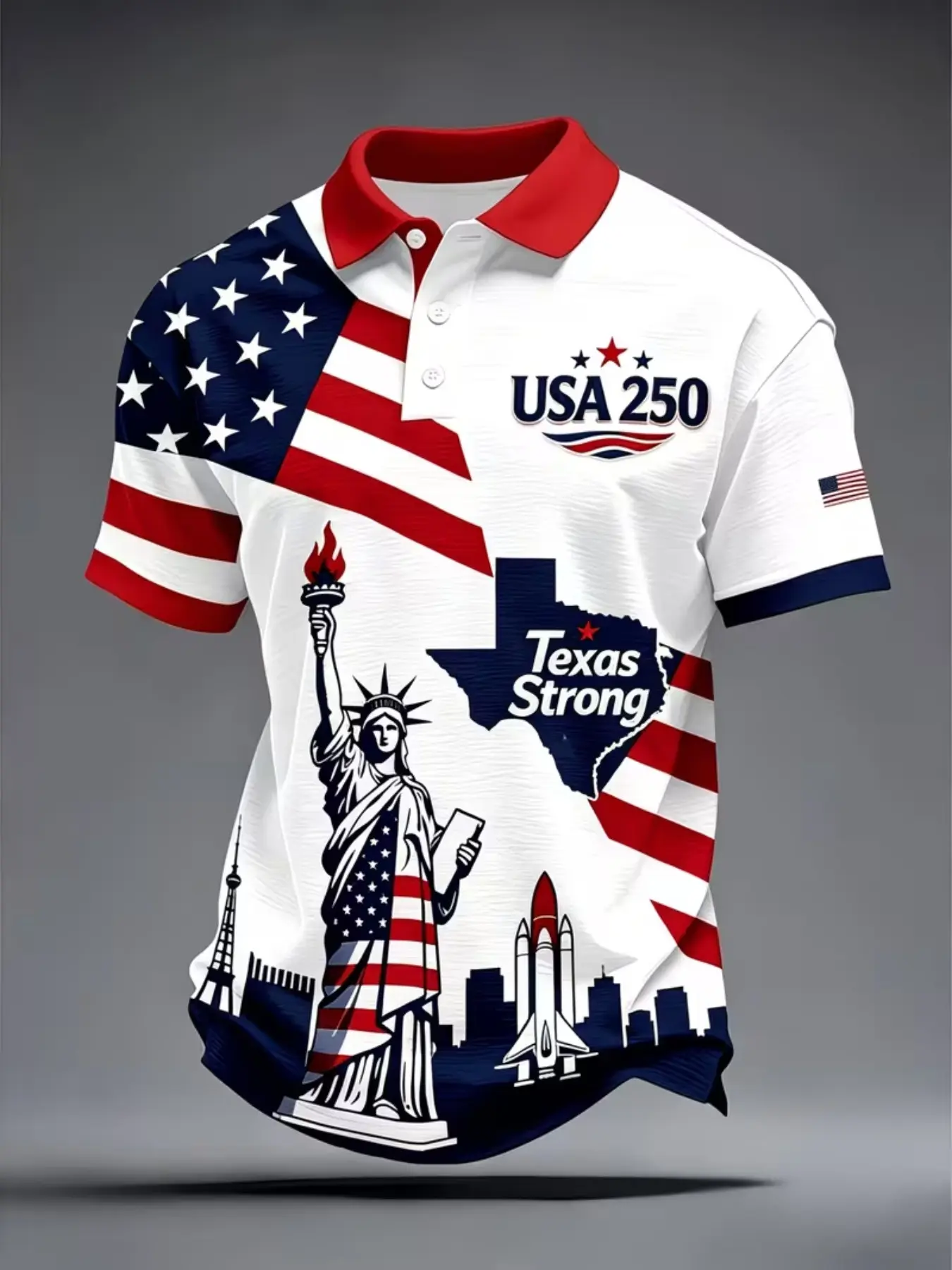 Breathable Polyester Slim Fit Sporty Polo Shirt, Top, Usa Flag & Statue of Liberty Print, Texas Emblem, Usa250 Theme, Festive & Casual Sportswear