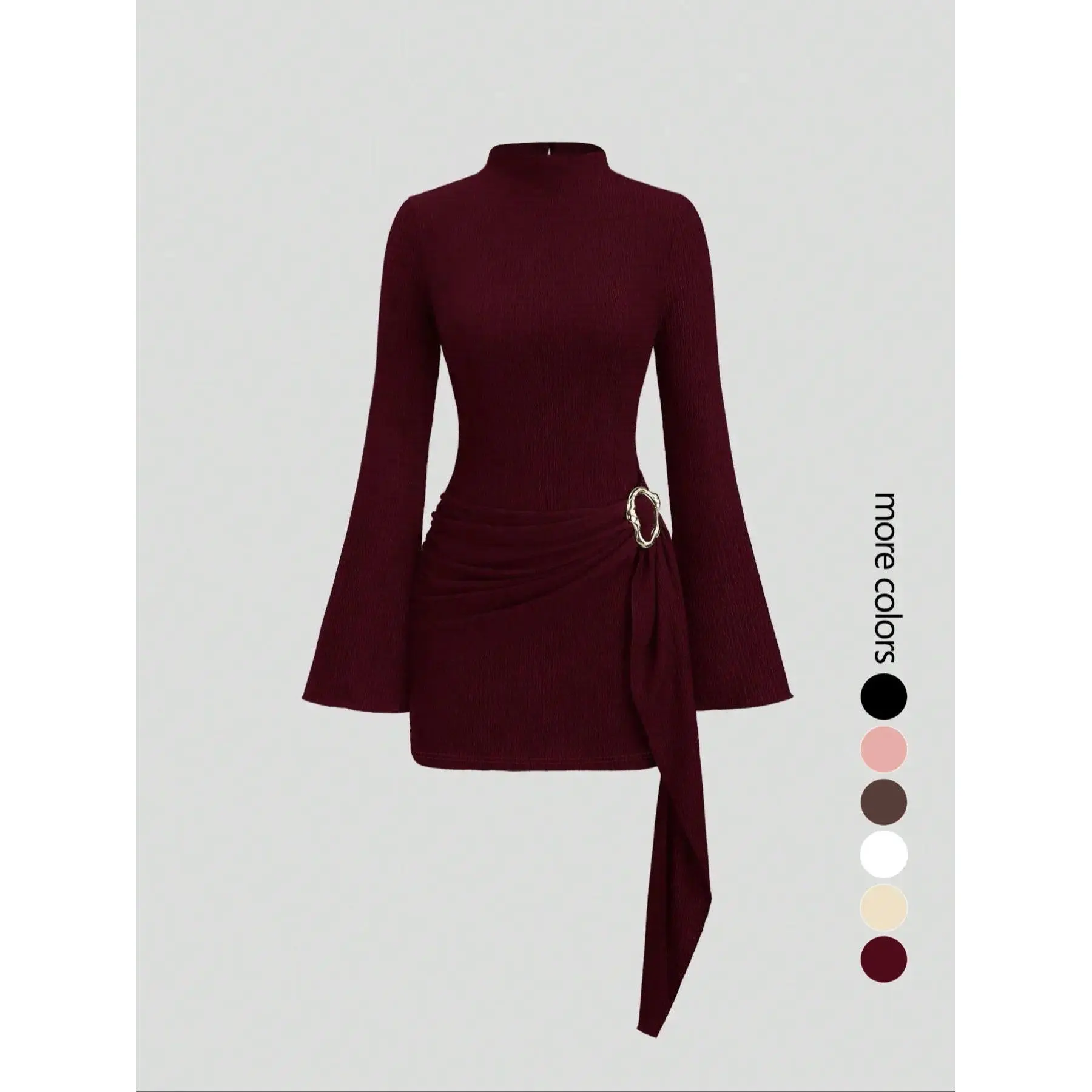 Women Stand Collar Midi Dress, Slim Fit Waist With Metal Buckle Decor, Flared Bell Sleeve Elegant Formal Dress For Party Occasions