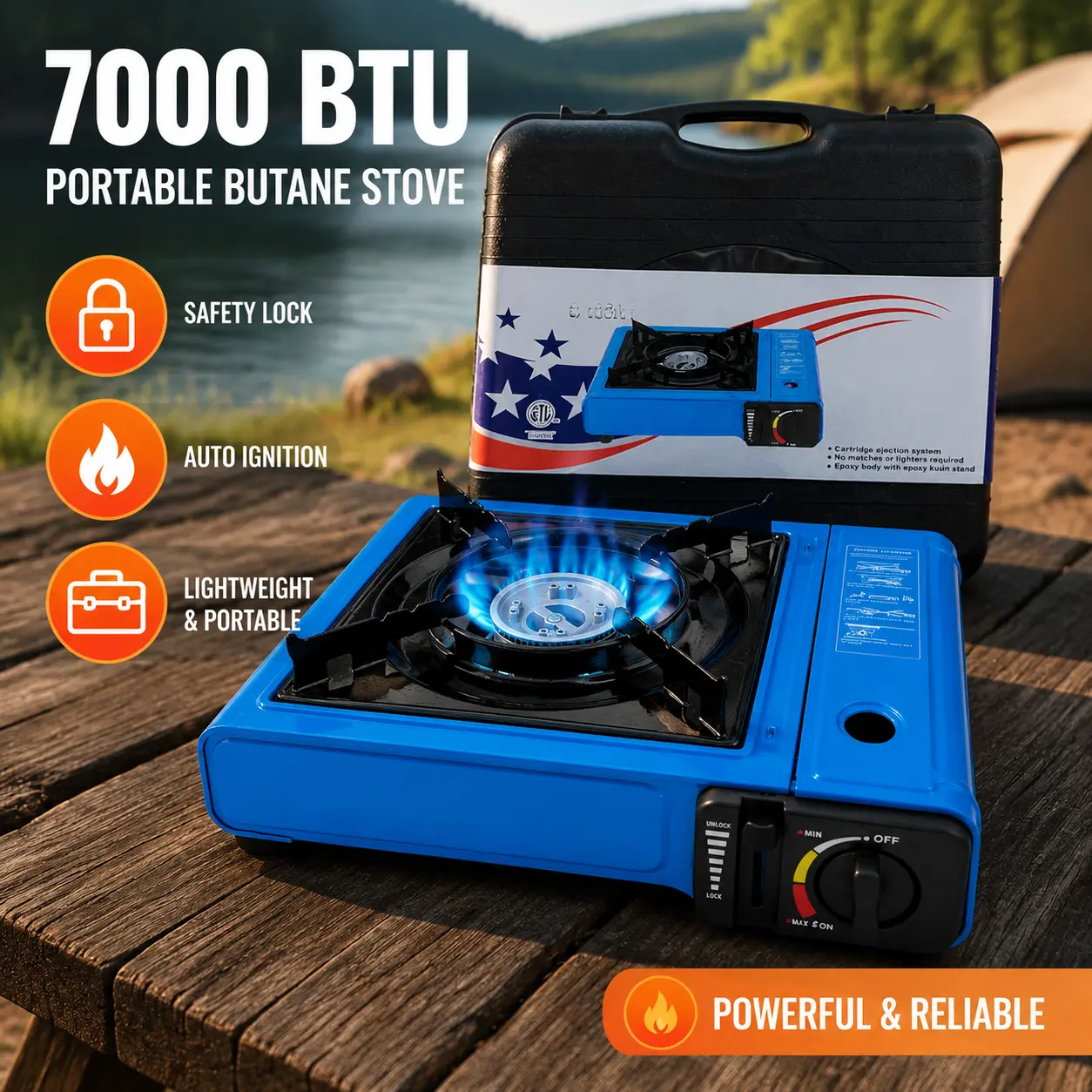Portable Butane Stove - 7000 BTU Blue Compact Lightweight Stove with Auto Ignition, Safety Lock for Camping, Outdoor Cooking
