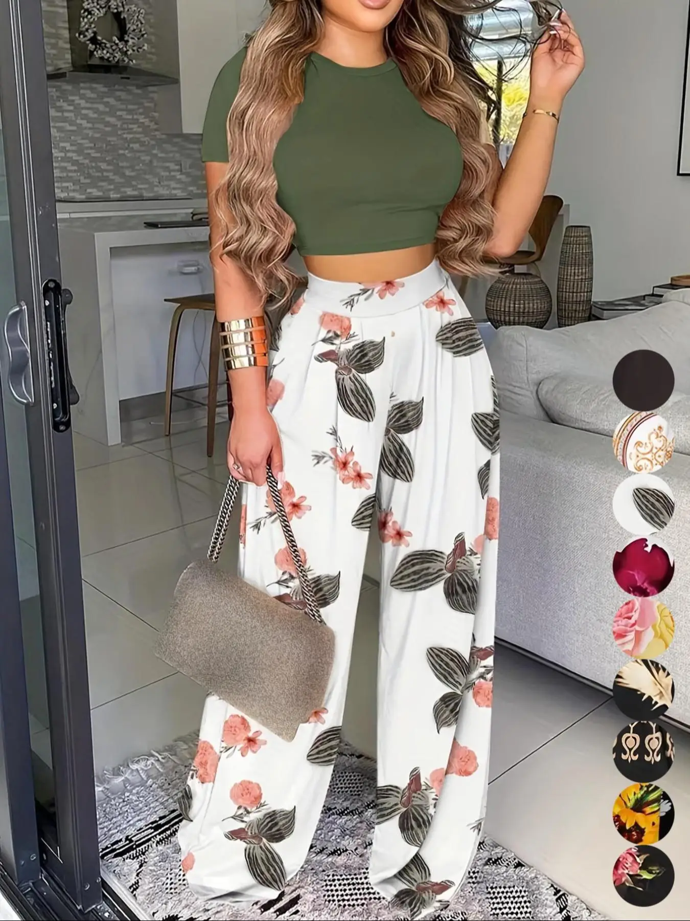 Women's Two-piece Set, Chic Plain Crop Tee & Plicated Wide Leg Pants Set, Co-ord Set Summer, Summer Clothes Women