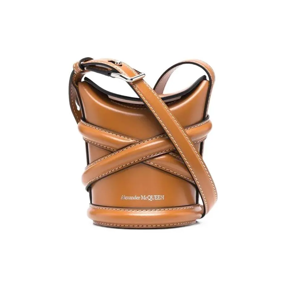 Alexander McQueen The Curve Smooth Leather Bucket Bag for Women, Shoulder or Crossbody Style, Brown