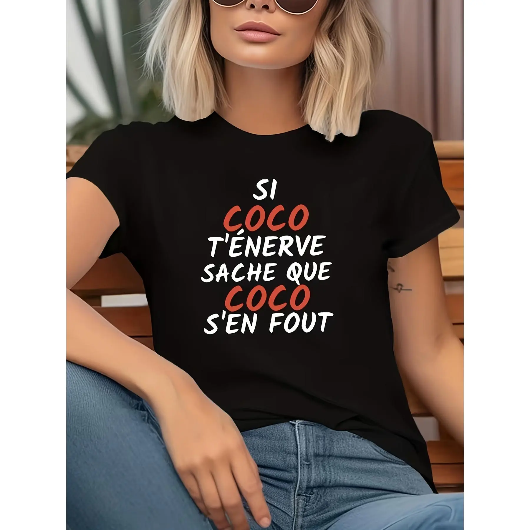 Women's Quirky Coco Cool Graphic-Printed Short-Sleeve Top, Regular-Fit Fitted T-Shirt with Striking Black Design, Comfortable Fabric for Everyday Casual Aesthetic Wear