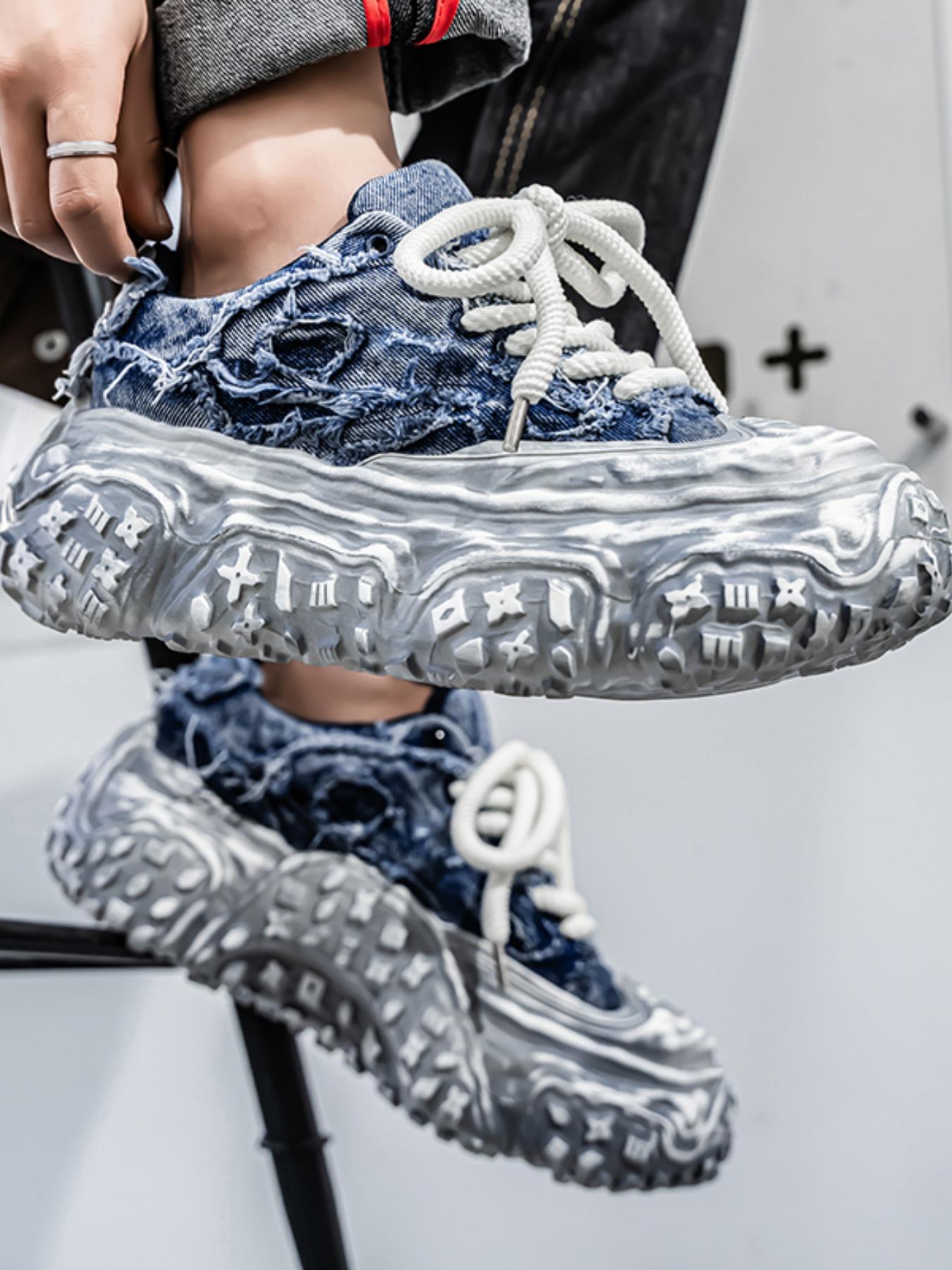 Men's Distressed Denim Chunky Platform Sneakers, Frayed Retro Streetwear Shoes, Avant-Garde Footwear for American Fashion Lovers