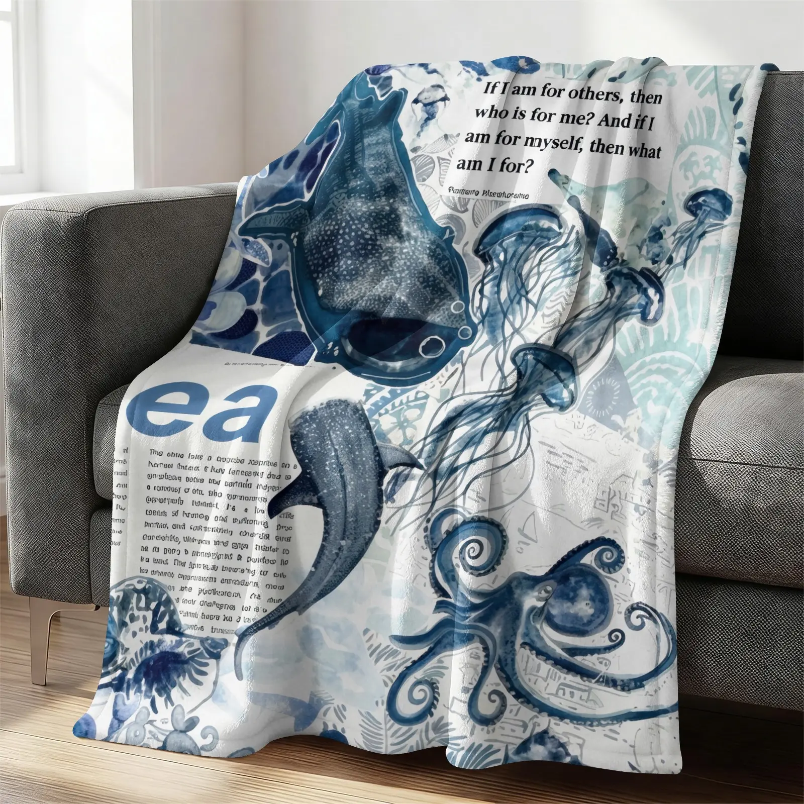 Watercolor Blue Whale Shark Jellyfish Octopus Vintage Newspaper Text Flannel Blanket, Art Marine Creature Printed Sofa Throw, Thick Skin-Friendly All Season Air Condition Nap Blanket, Warm Plush Blanket with Deep Sea Elements for Bedroom Home Decor