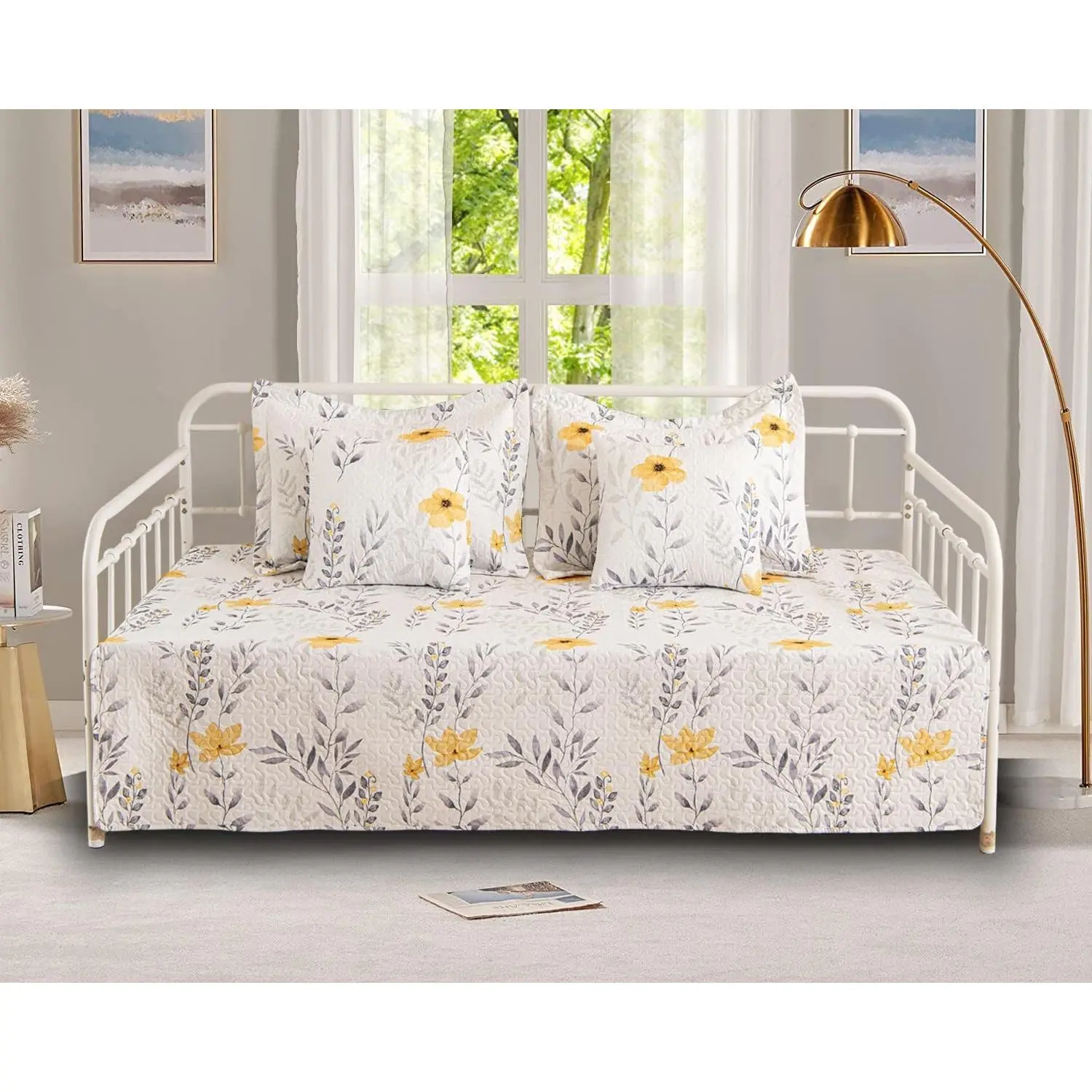 5-Piece Floral Twin Daybed Cover Set Cozy All Season Lightweight Bedding Comforter Bedspread Set with 4 Pillow Shams, 39"x75" for Twin Bed