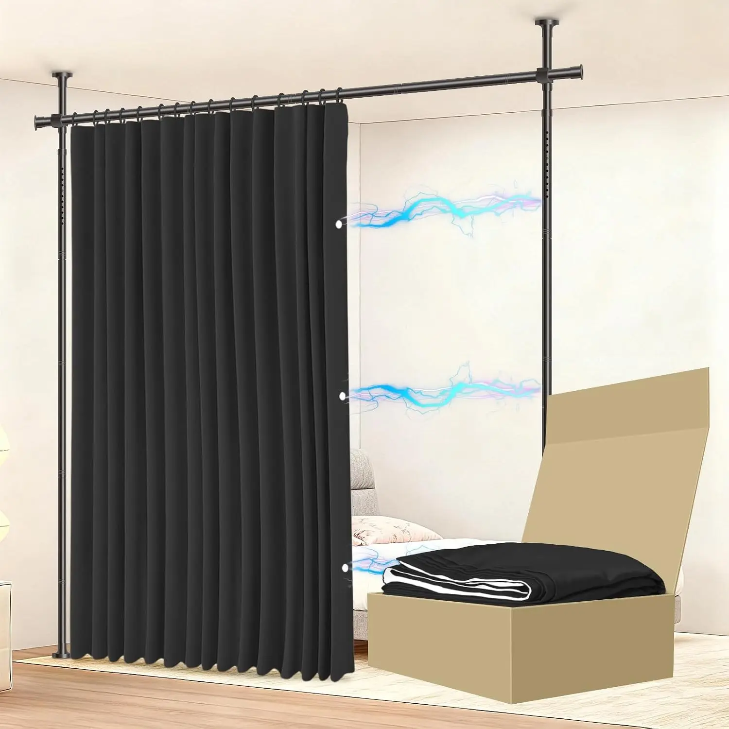 No-Drill Room Divider Curtain Set: Includes 106" W x 84" L Black Curtain & Adjustable Pole Brackets (35-100" W x 43-120" H Adjustable Range), Curtain Fabric