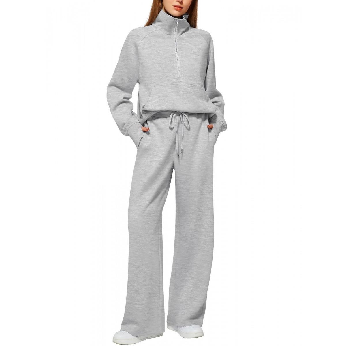 2026 # sweatsuits Women's Long Sleeve High Neck Sweatshirt Two-piece Set Light Gray Ribbed Crop Tank & Shorts Fitted Minimalist Casual Clothes Suits comfortable pant long sleeve zipper jacket Womenswear Gamis Basic