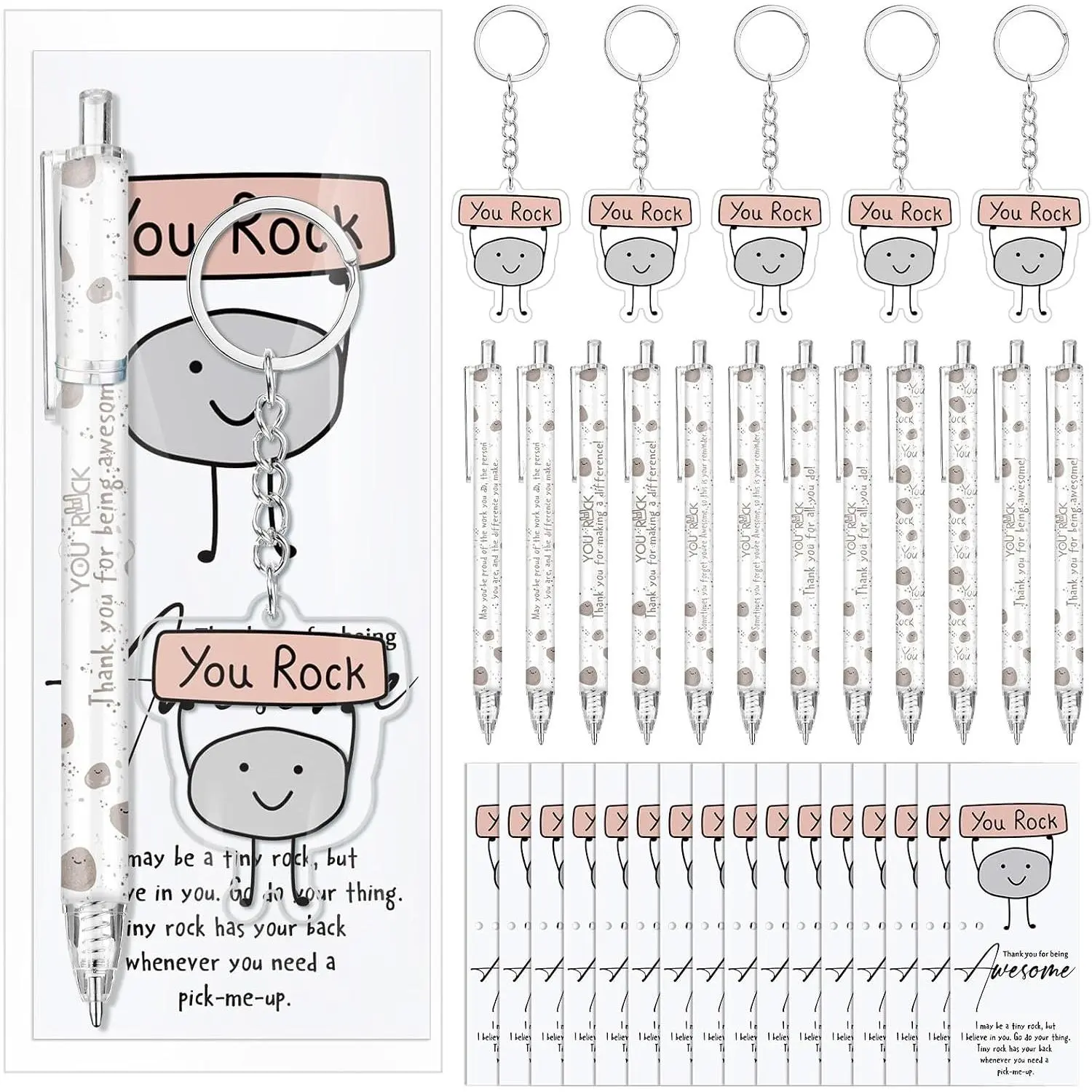 36 Sets Inspirational Gifts for Coworker, Motivational Pens and Keychains with Positive Card,  to School Summer Party Favor for Classroom Office Employee Coworker (You Rock)