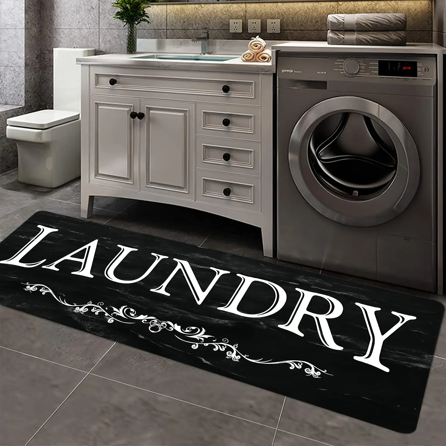 1pc Black And White Text Pattern Mat, Suitable for Laundry Room Floor Decoration Anti-Slip Carpet, Comfortable Soft Standing Mat for Hallway Kitchen