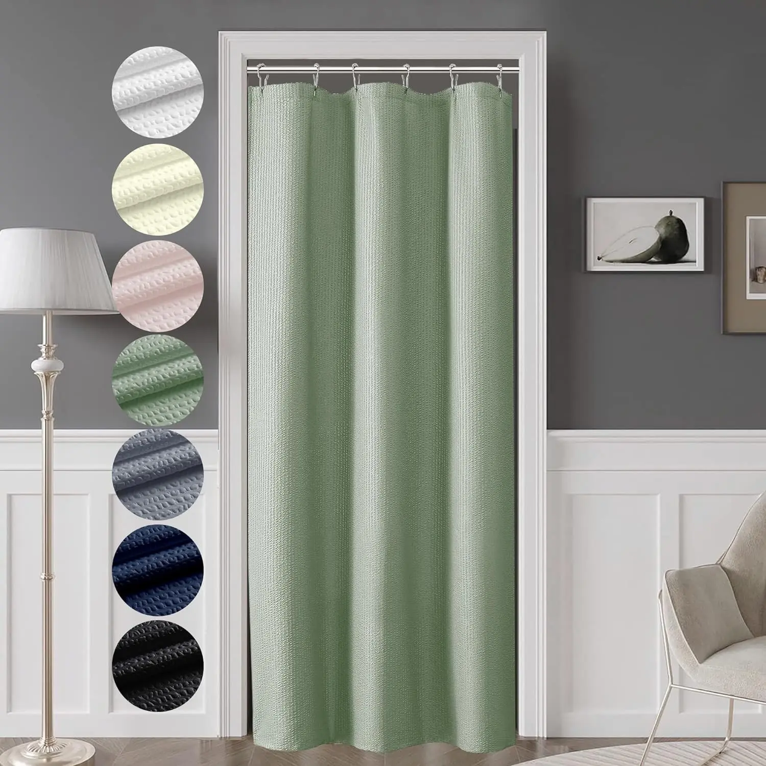 Berry Stall Fabric Shower Curtain 36 x 72 Inch - Soft Waffle Textured Sage Green Shower Curtain for Narrow Stall Size Bathroom, Machine Washable, Water Resistant