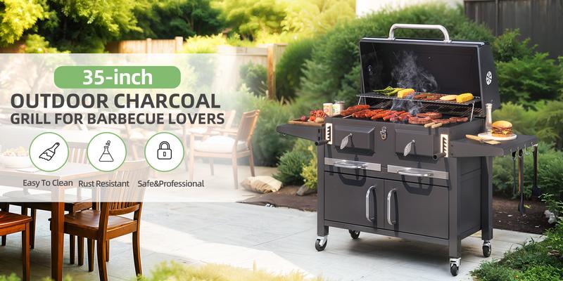 Charcoal Barbecue Grill with Foldable Side Tables, Adjustable Charcoal Trays & Large 860 sq.in Cooking Area, Heavy-Duty Steel Grill for Outdoor Kitchen, Black