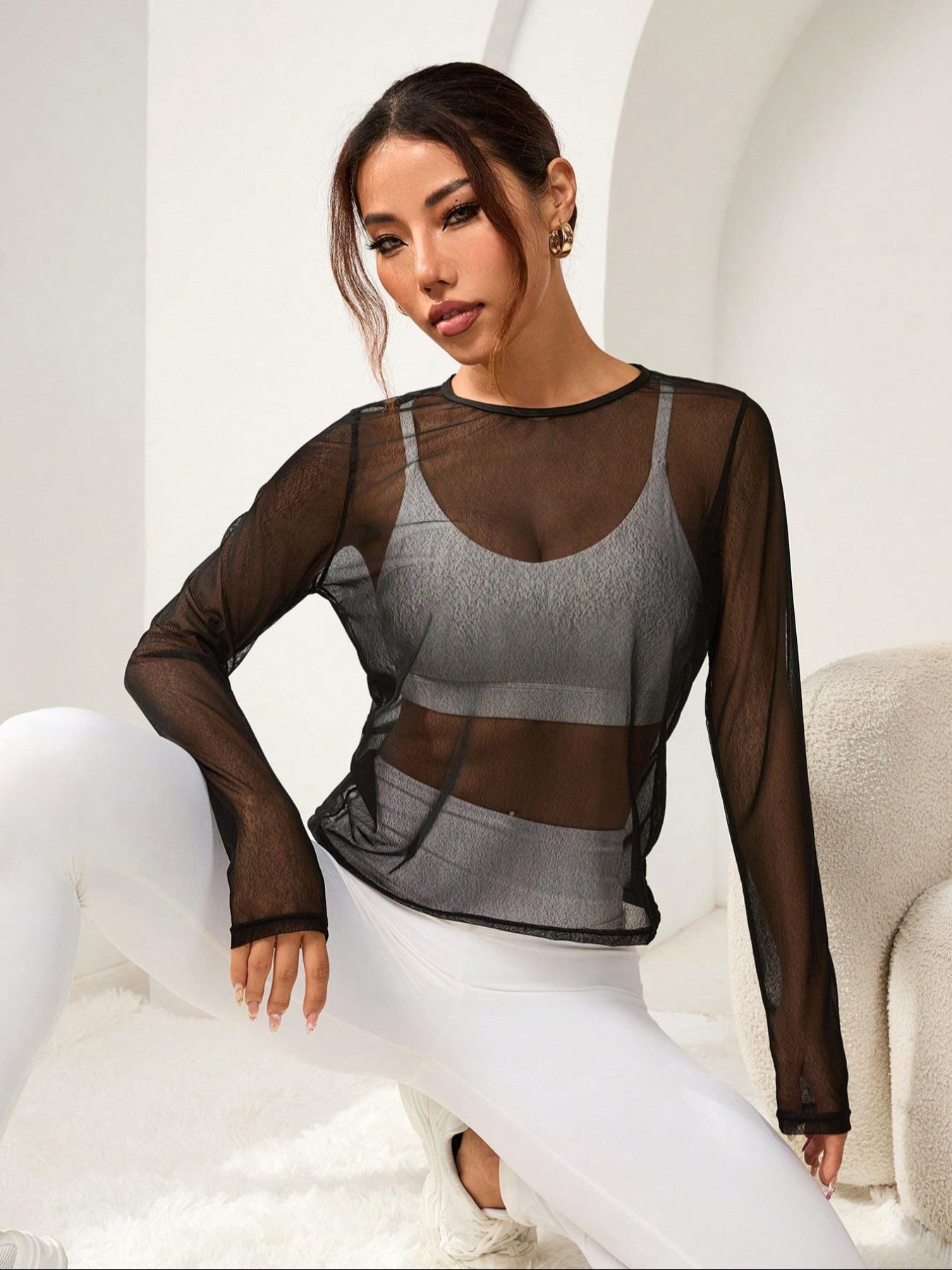Women's Solid Sheer Round Neck Mesh Sports Tee without Bra, Long Sleeve Crew Neck T-shirt for Daily Outdoor Wear, Ladies Sportswear for All Seasons, Soft Polyester Top