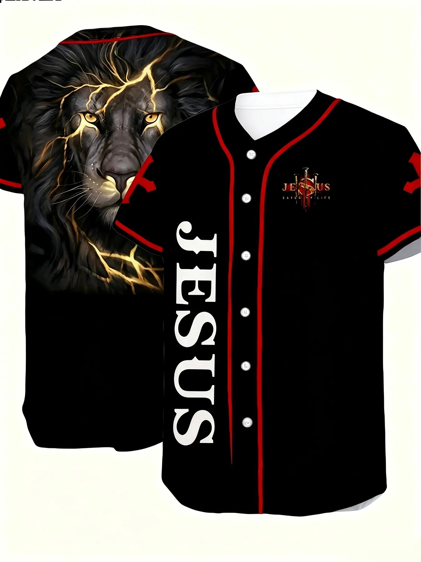 Black baseball cardigan with red trim, fully buttoned, unisex short-sleeved jersey for Christian communities. Breathable Sporty Style for Baseball Games & Daily Wear (Recommended ordering one size up)，Tiktok shop deals today，Baseball Jacket for men