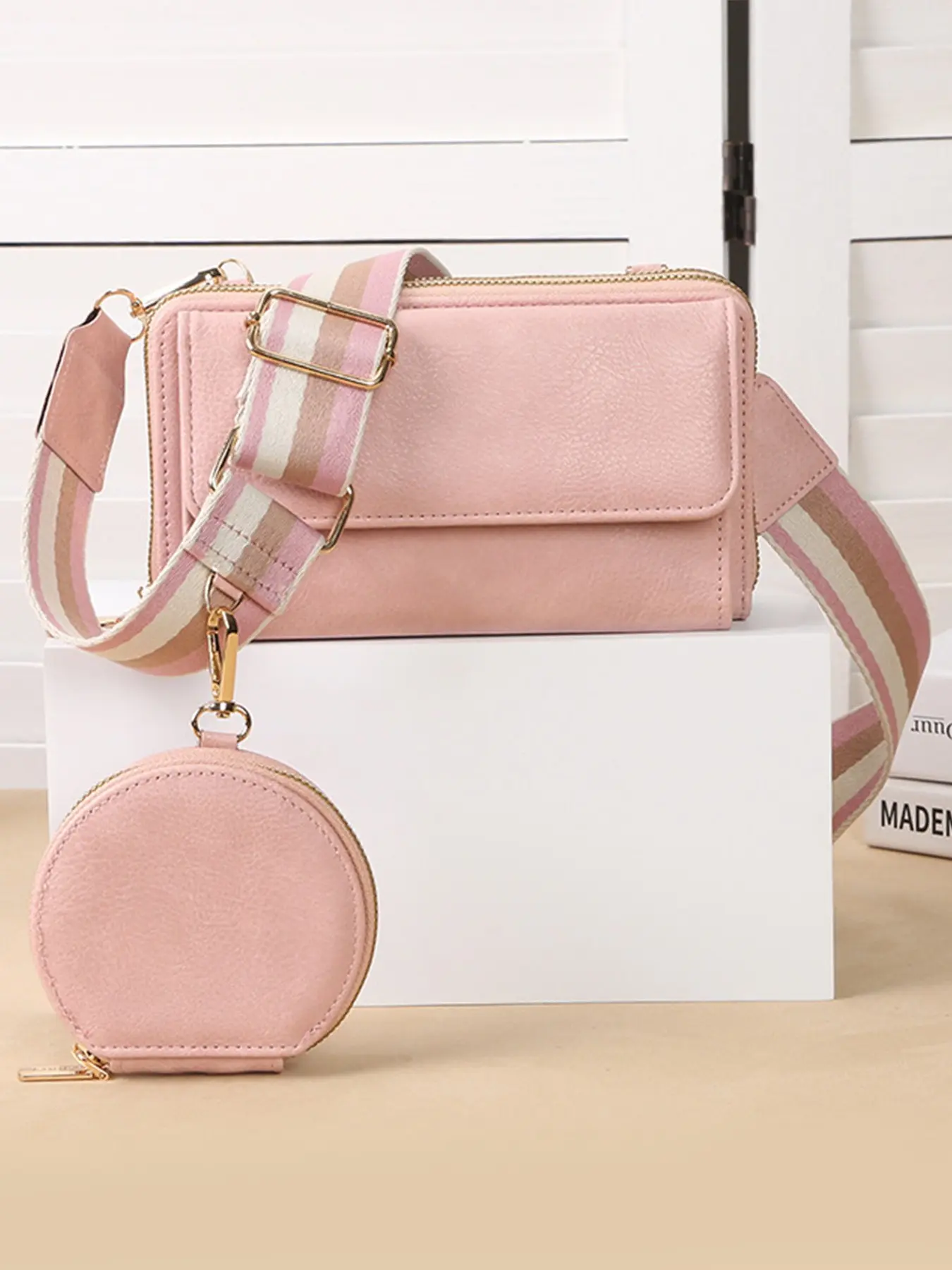 Women's Multi-Pocket Crossbody Phone Bag with Detachable Mini Coin Purse, PU Leather Wide Striped Adjustable Strap, Large Capacity Zipper Wallet